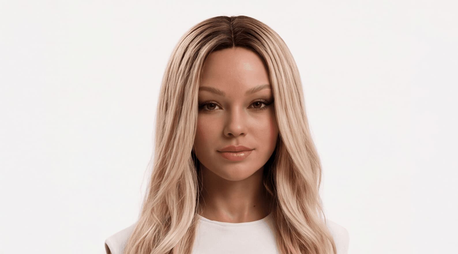 Aria's face up close, showing Realbotix's silicone-based synthetic skin