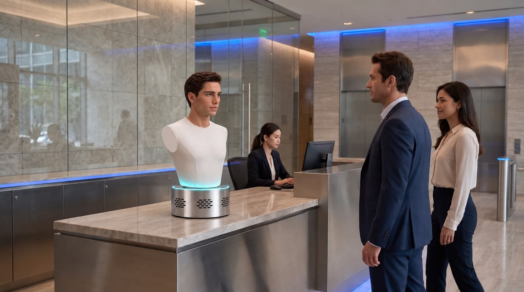 An Echo tabletop robot on an office reception desk, greeting two visitors