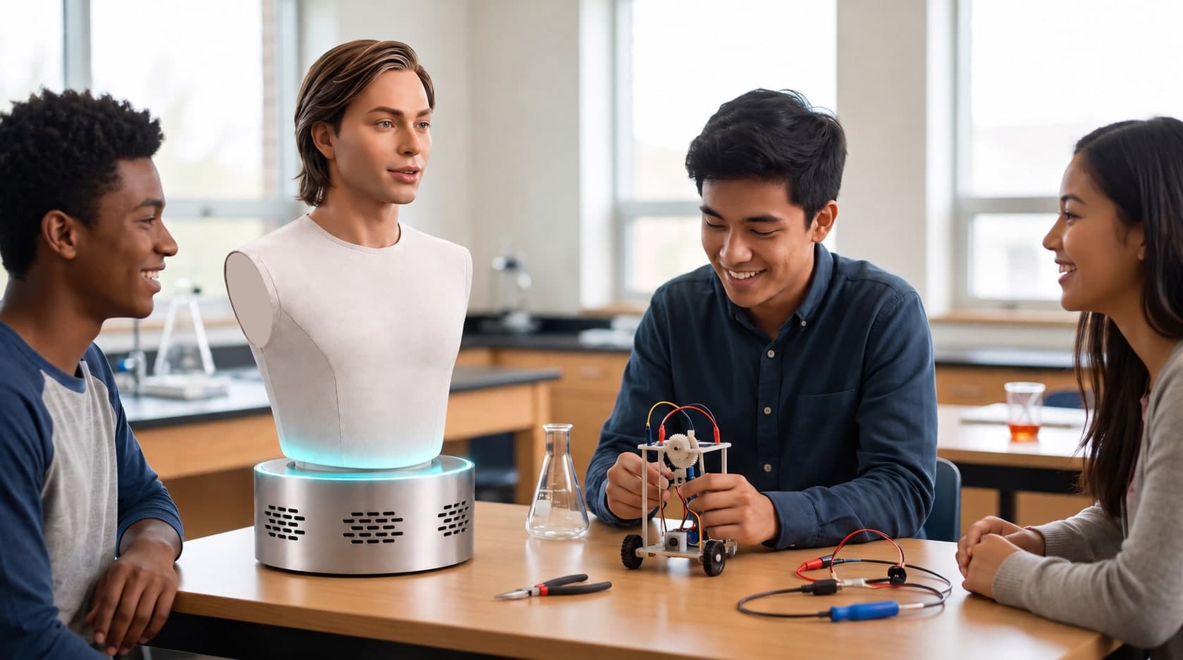 An Echo tabletop robot at a classroom table with three students building a small robot car