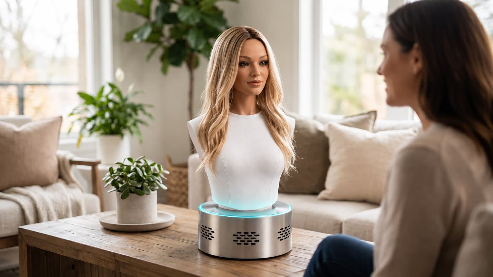 An Echo tabletop robot on a living-room coffee table, in conversation with a woman